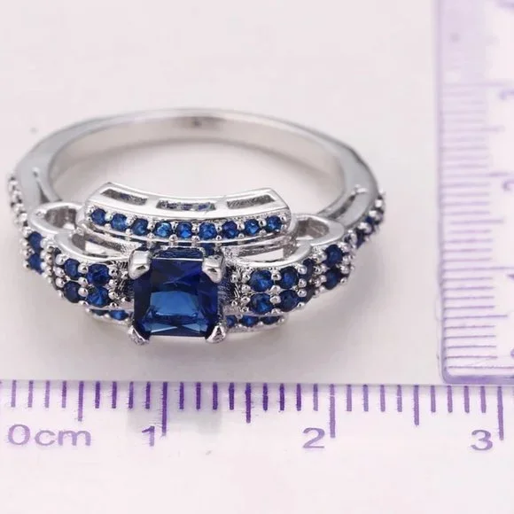 Stunning Princess Cut 1.50ctw Blue Sapphire / Diamond Anniversary Ring - Picture 2 of 8